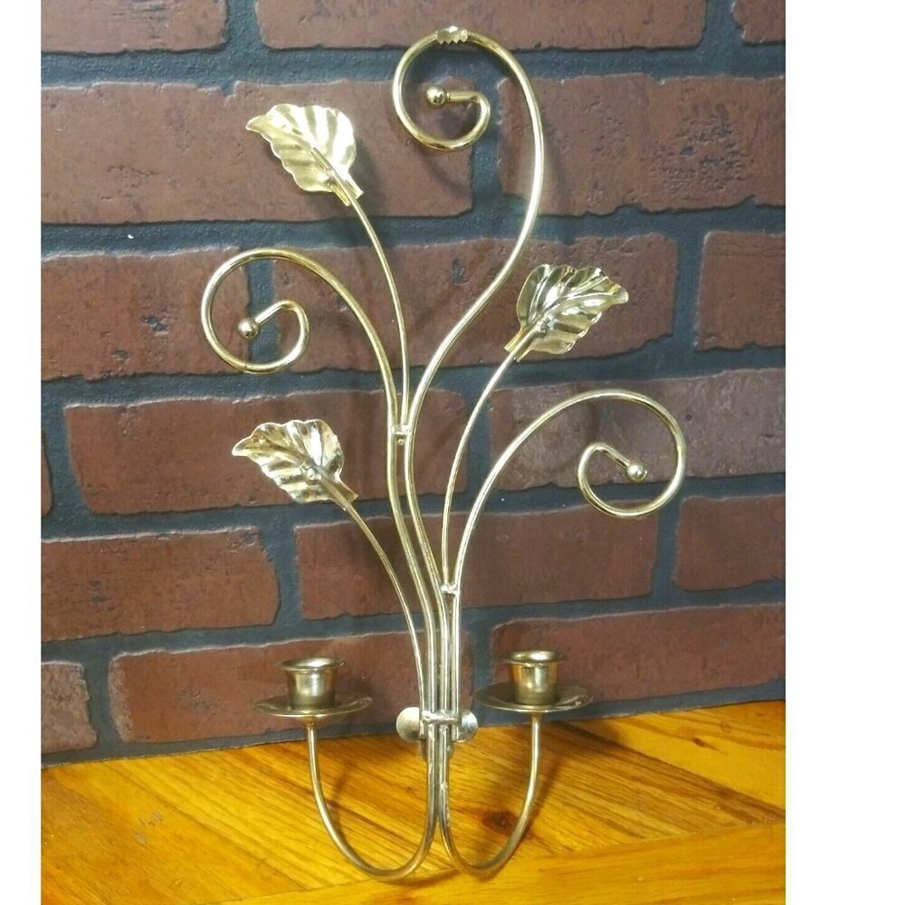 Vtg Homco Brass Sconce candle holder double Leaf & Scroll w/patina Gold tone EUC